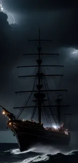 A ship navigates a stormy ocean with lightning in the dark sky.