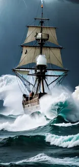 Ship battling stormy seas with lightning overhead.