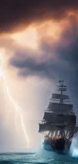 Ship amidst a storm with lightning and turbulent waters.