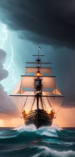 Ship navigating through stormy seas with lightning in the background.