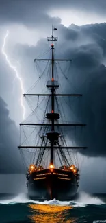 A majestic ship sails through a storm, illuminated by a dramatic lightning strike.