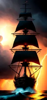 A majestic ship in a stormy sea illuminated by lightning.