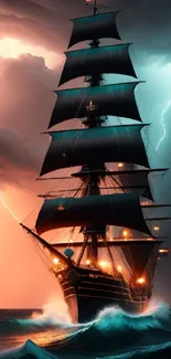 A tall ship sails through a storm with lightning in the sky.