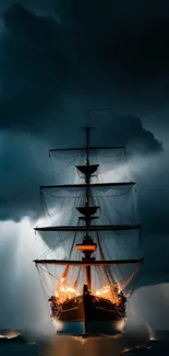 A dramatic ship sailing into a stormy sky with dark clouds and bright lightning.