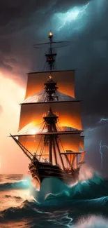 Majestic ship sails through a lightning storm on the ocean with dramatic skies.