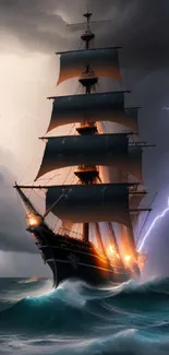 Majestic ship in stormy sea under dramatic lightning.