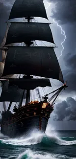 Majestic ship in stormy ocean with dramatic dark sky and flashes of lightning.