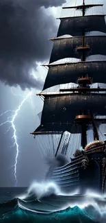 A sailing ship braving a stormy ocean with dramatic lightning and waves.