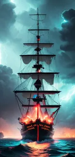 Tall ship sailing through a stormy sea with lightning in the background.