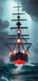 A dramatic ship navigating a stormy ocean with lightning in the background.