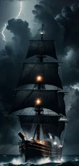 Majestic ship sailing through a stormy sea under dark, dramatic skies.