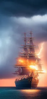 Ship in stormy sea with lightning and dramatic clouds.