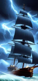 A majestic ship sails through a storm with lightning in the background.