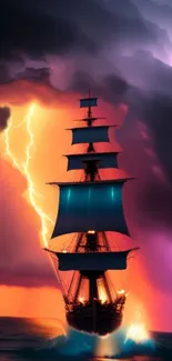 Ship sailing through a dramatic storm with vivid lightning strikes in the background.