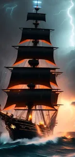 Dramatic ship sails through a lightning storm on turbulent seas.