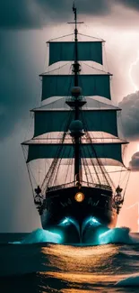 Majestic ship in storm with lightning and dark ocean waves.