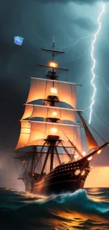 Majestic sailing ship in a storm lit by lightning over a dark ocean.