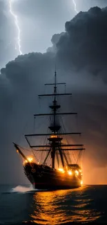 Majestic ship sails through a stormy sea with lightning in the background.