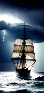 Majestic ship sailing through stormy seas with lightning.