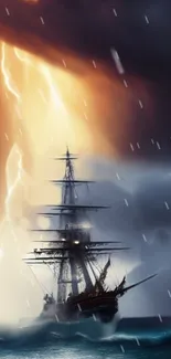 Majestic ship in storm with lightning and dark clouds for a striking mobile wallpaper.