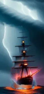 Ship engulfed in lightning and storm, vibrant and dramatic.