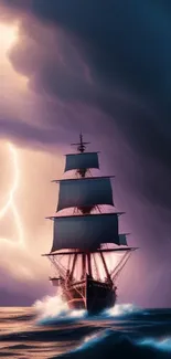 Ship navigating through a dramatic storm with lightning in the background.