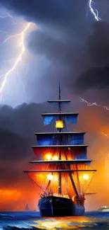 Dark stormy sea with ship and lightning.