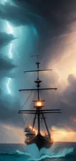 Historic ship braves storm and lightning on the ocean.