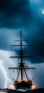 A majestic ship faces a lightning storm at sea.