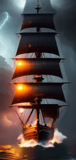 Majestic ship sails through stormy sea with lightning in dramatic mobile wallpaper.