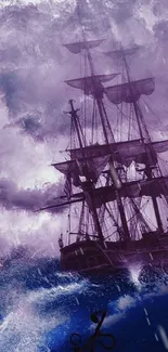 Dramatic ship braving a stormy ocean with purple and blue hues.