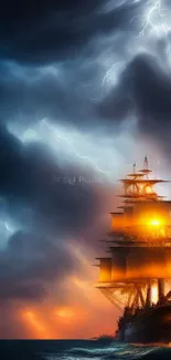 Historic ship in a stormy sea with vibrant lightning and dark clouds.