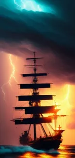 Majestic ship sailing through a lightning storm with dramatic clouds.