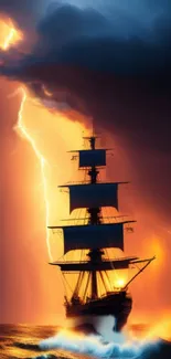 A dramatic sailing ship on stormy seas with lightning striking behind.