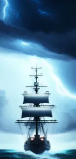 Majestic ship in stormy ocean with lightning.