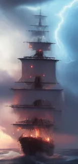 Ship sailing through stormy ocean with lightning in the background.