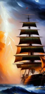 Dramatic ship in stormy ocean with vibrant lightning background.