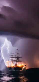 Majestic ship navigating a stormy sea with vibrant lightning in the night sky.