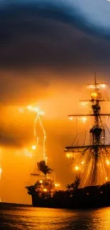 A ship sailing under a stormy, lightning-filled sky.