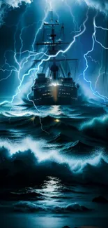 A ship sails through a stormy ocean with dramatic lightning.