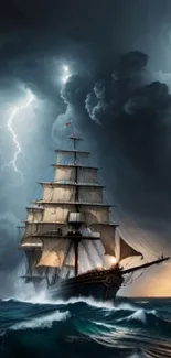 Sailing ship braving stormy seas with lightning and dark clouds overhead.