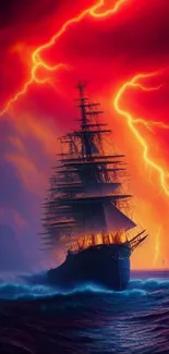 A dramatic ship sailing through a storm, illuminated by vibrant lightning.