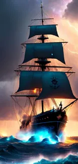 Tall ship battles stormy waves under a dramatic sky with lightning.