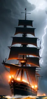 A dramatic ship navigates stormy seas under lightning-filled skies.