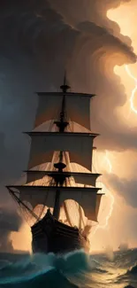 Dramatic ship battling storm with lightning.