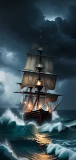 Tall ship sailing through stormy seas with dark, dramatic clouds.