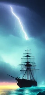 Silhouetted ship under lightning in a stormy sea wallpaper.