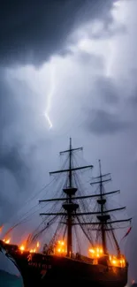 Old ship illuminated by lightning at night in a stormy sea.