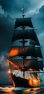 Sailing ship in a stormy sea with dramatic clouds and lightning.