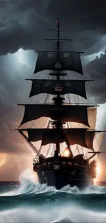 A ship sails through stormy seas under dark, dramatic skies.